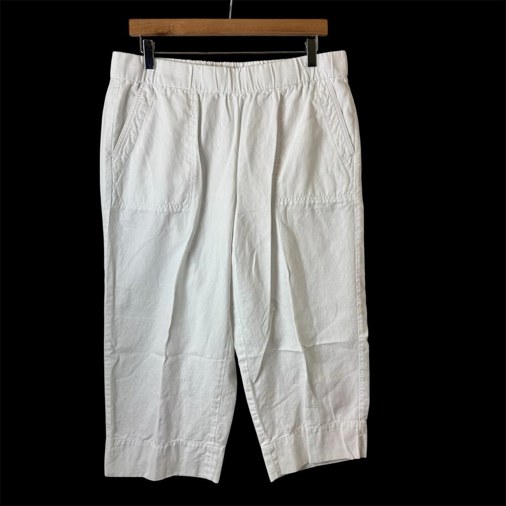 Talbots White Linen Blend Pants Women’s Large Crop Pull On Summer Wide Leg